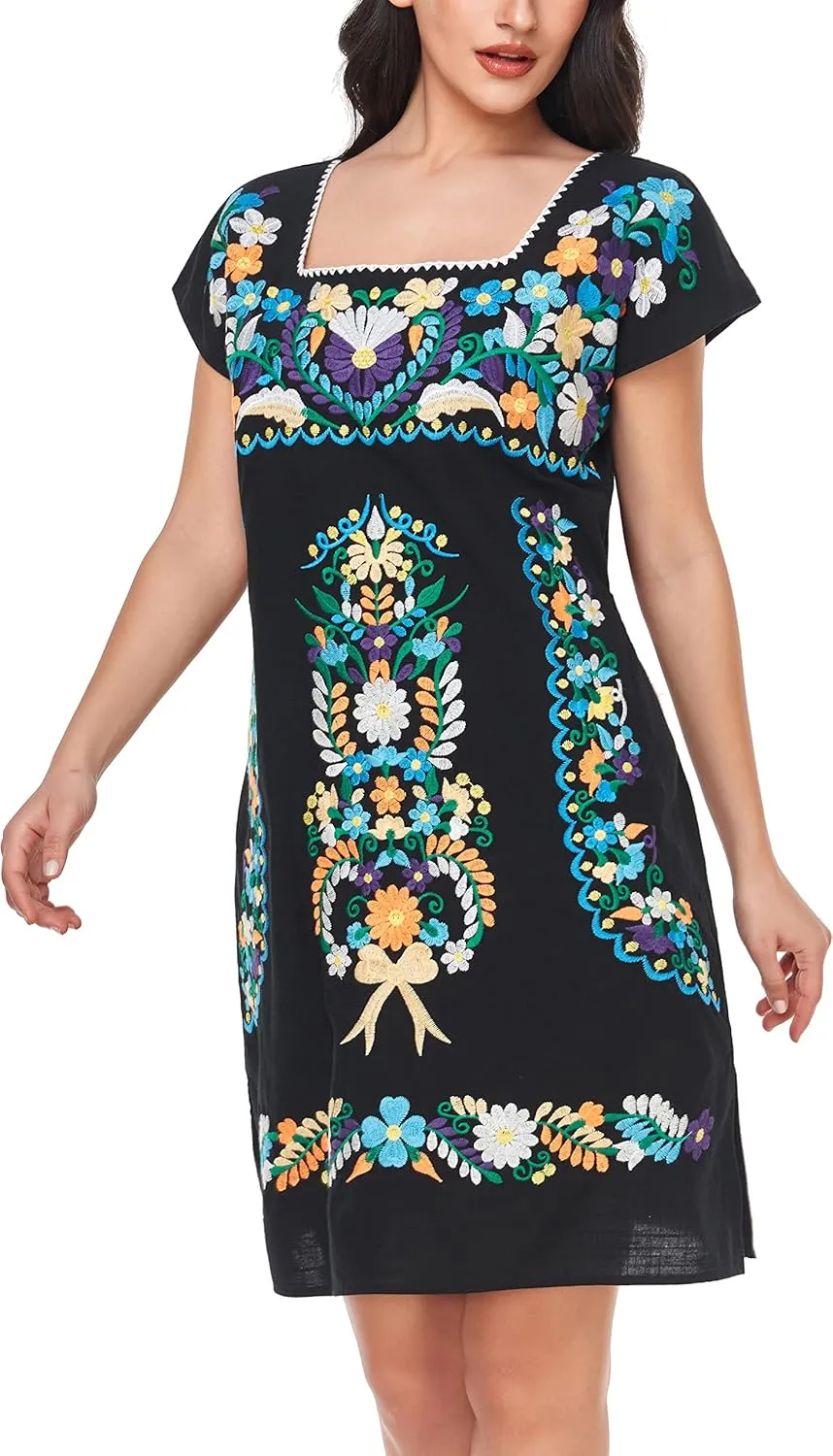 YZXDORWJ Women Mexican Embroidered Dress Ruffle Collar Sleeveless