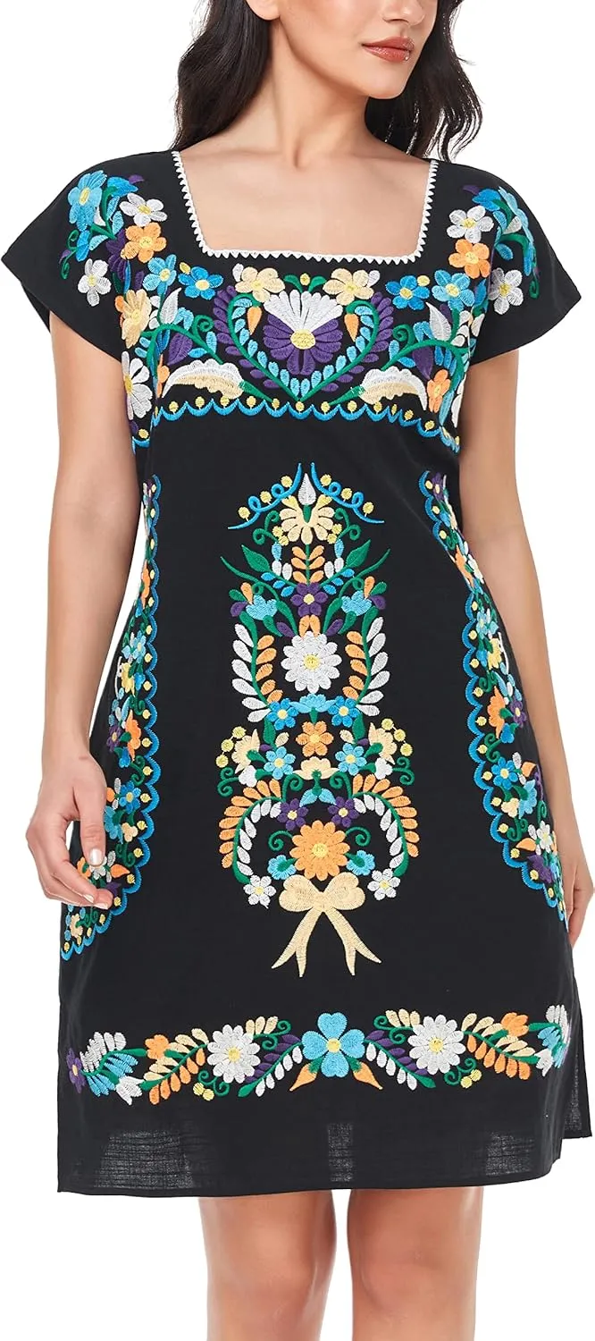 YZXDORWJ Women Mexican Embroidered Dress Ruffle Collar Sleeveless