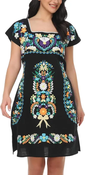 YZXDORWJ Women Mexican Embroidered Dress Ruffle Collar Sleeveless