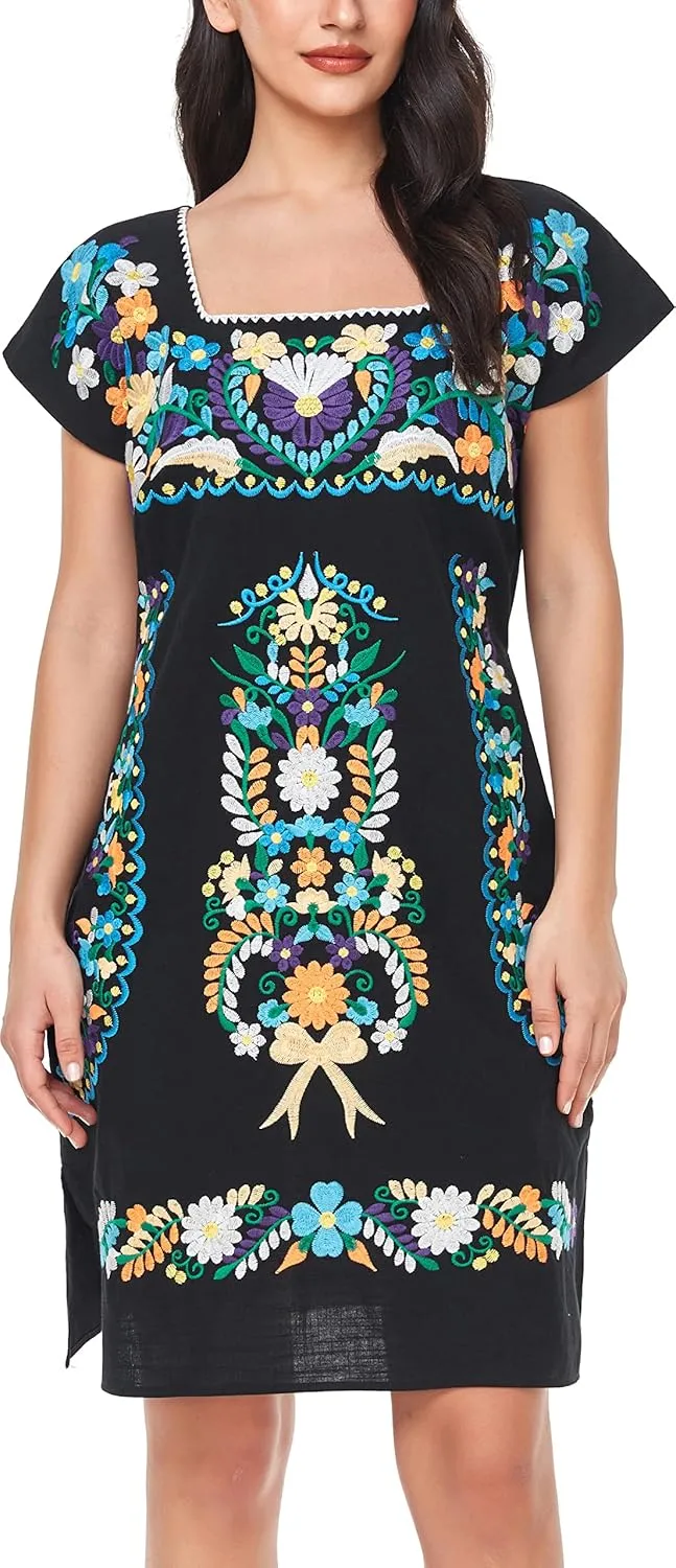 YZXDORWJ Women Mexican Embroidered Dress Ruffle Collar Sleeveless