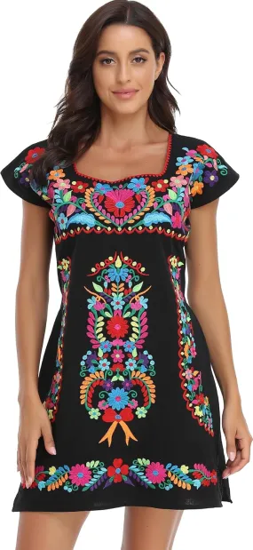 YZXDORWJ Women Mexican Embroidered Dress Ruffle Collar Sleeveless