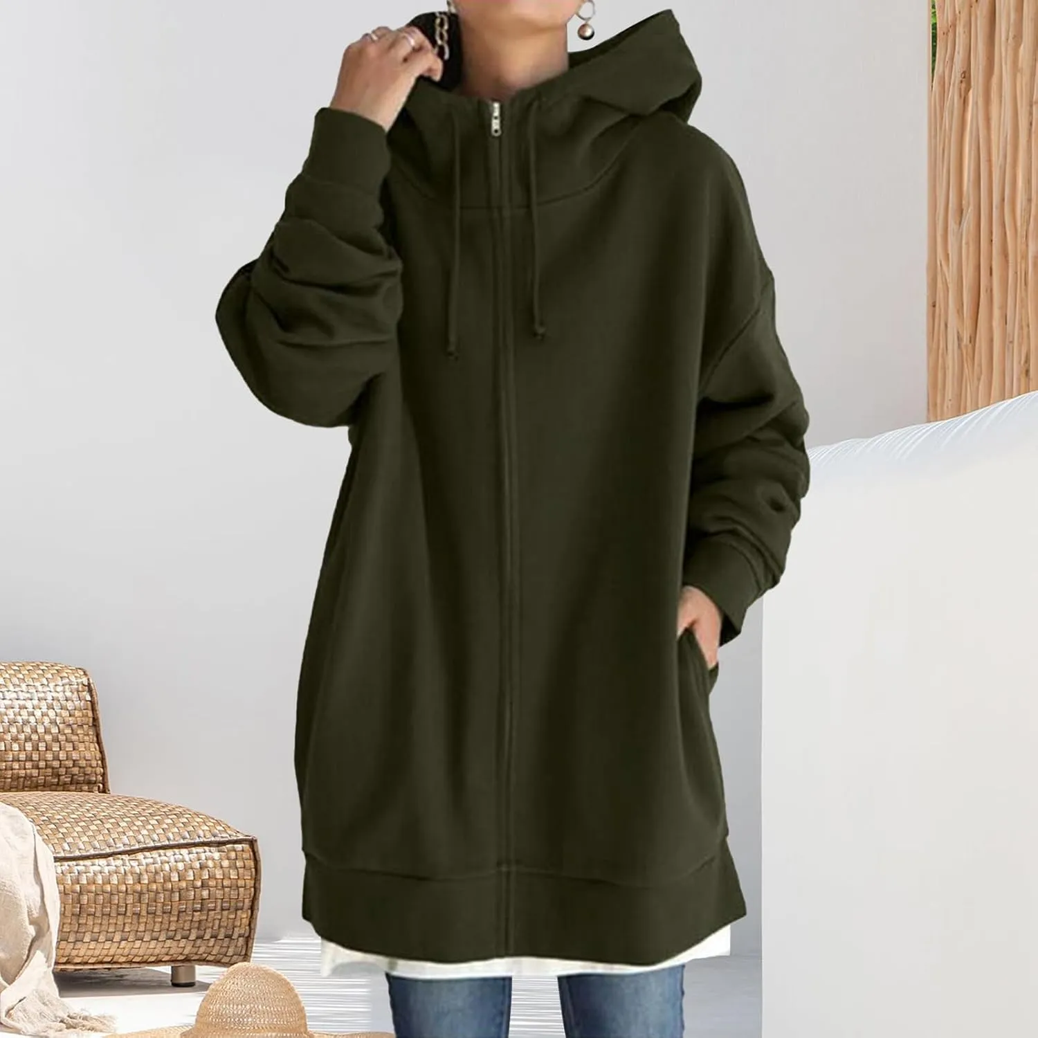 Zip Up Hoodies for Womens Fall Oversized Long Sleeve Hoodies Sweatshirts Casual Jacket Coats with Pockets