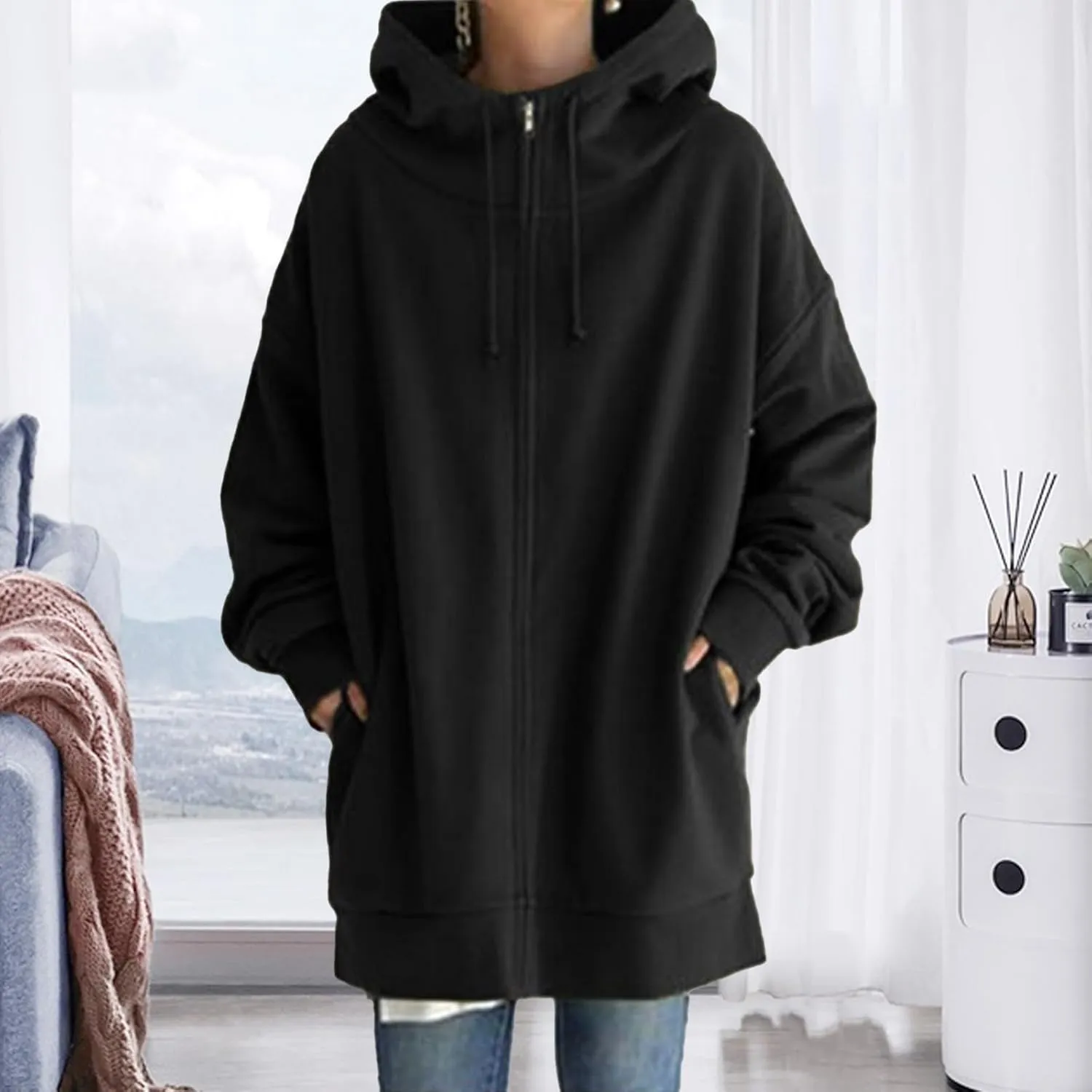 Zip Up Hoodies for Womens Fall Oversized Long Sleeve Hoodies Sweatshirts Casual Jacket Coats with Pockets