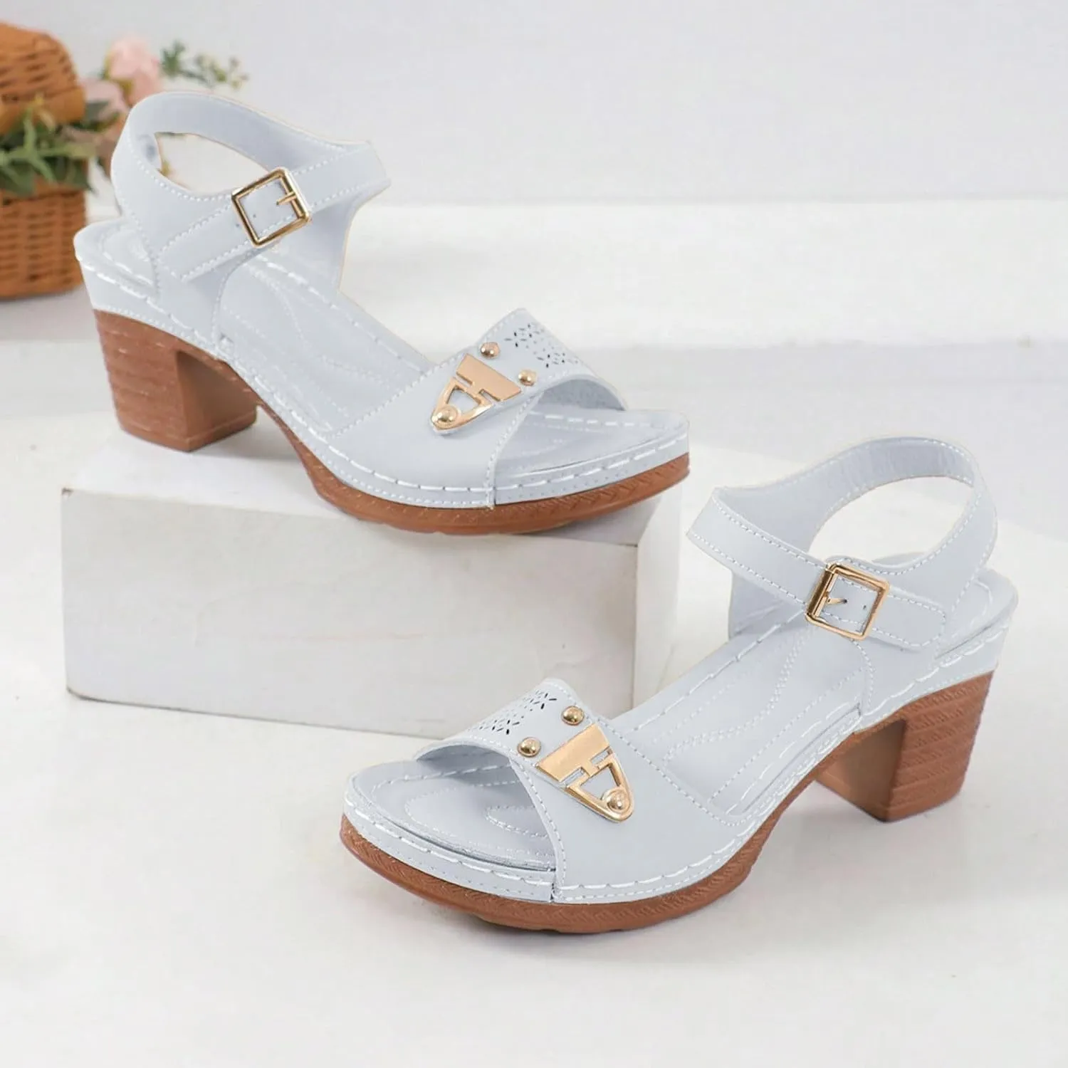 ZSpzx Block Heel Sandals for Women 2025 Comfort Dressy Women's Chunky Mid Heels Open Toe Ankle Straps Sandal Metal Comfortable Summer Adjustable Wide Width Walking Shoes for Daily Wear