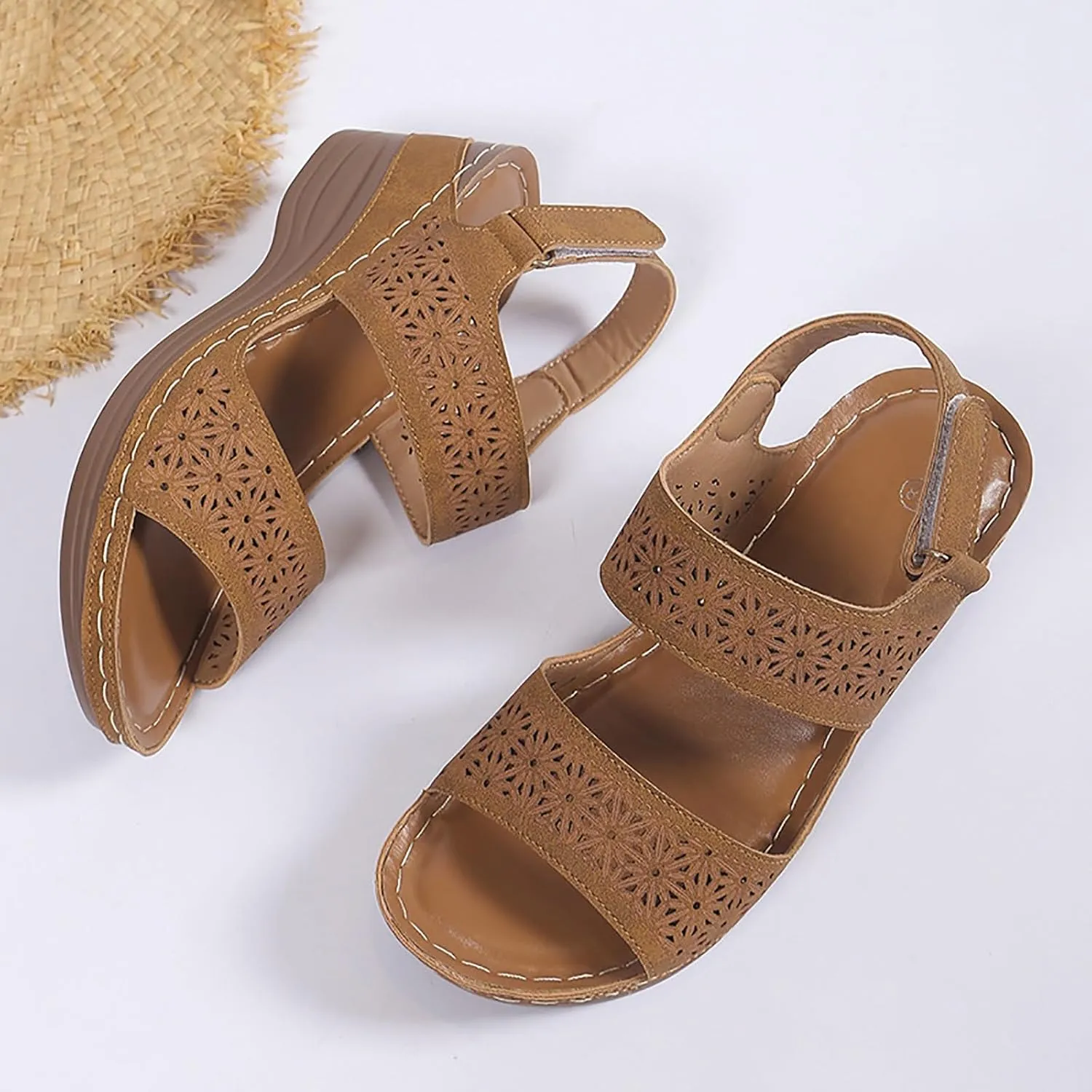 ZSpzx Women's Heeled Sandals Open Toe Slip On Block Womens Chunky Mid Heels Ankle Strap Sandal Hollow Out Slippers Casual Comfortable Summer Adjustable Walking Fashion Party Dress Shoes