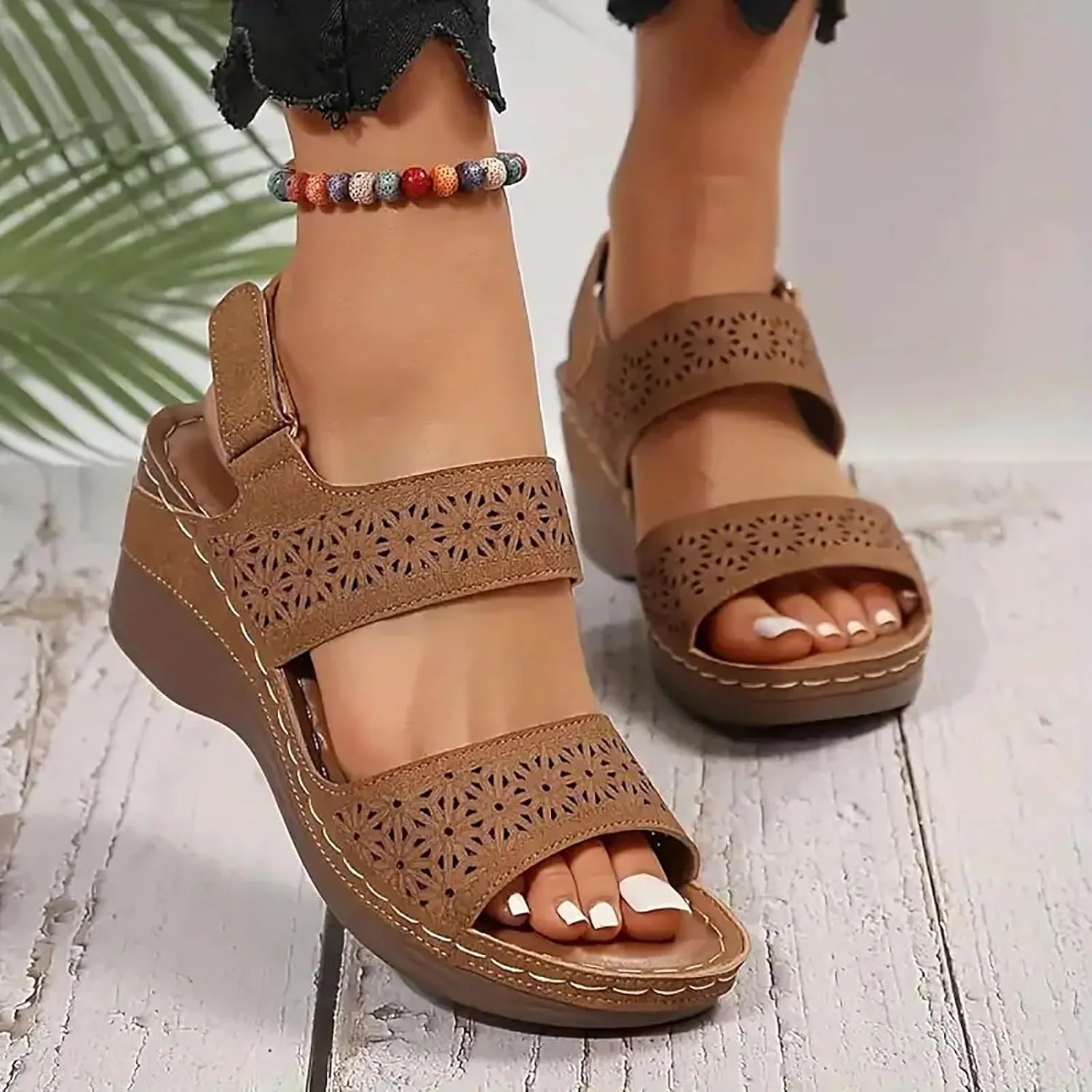 ZSpzx Women's Heeled Sandals Open Toe Slip On Block Womens Chunky Mid Heels Ankle Strap Sandal Hollow Out Slippers Casual Comfortable Summer Adjustable Walking Fashion Party Dress Shoes